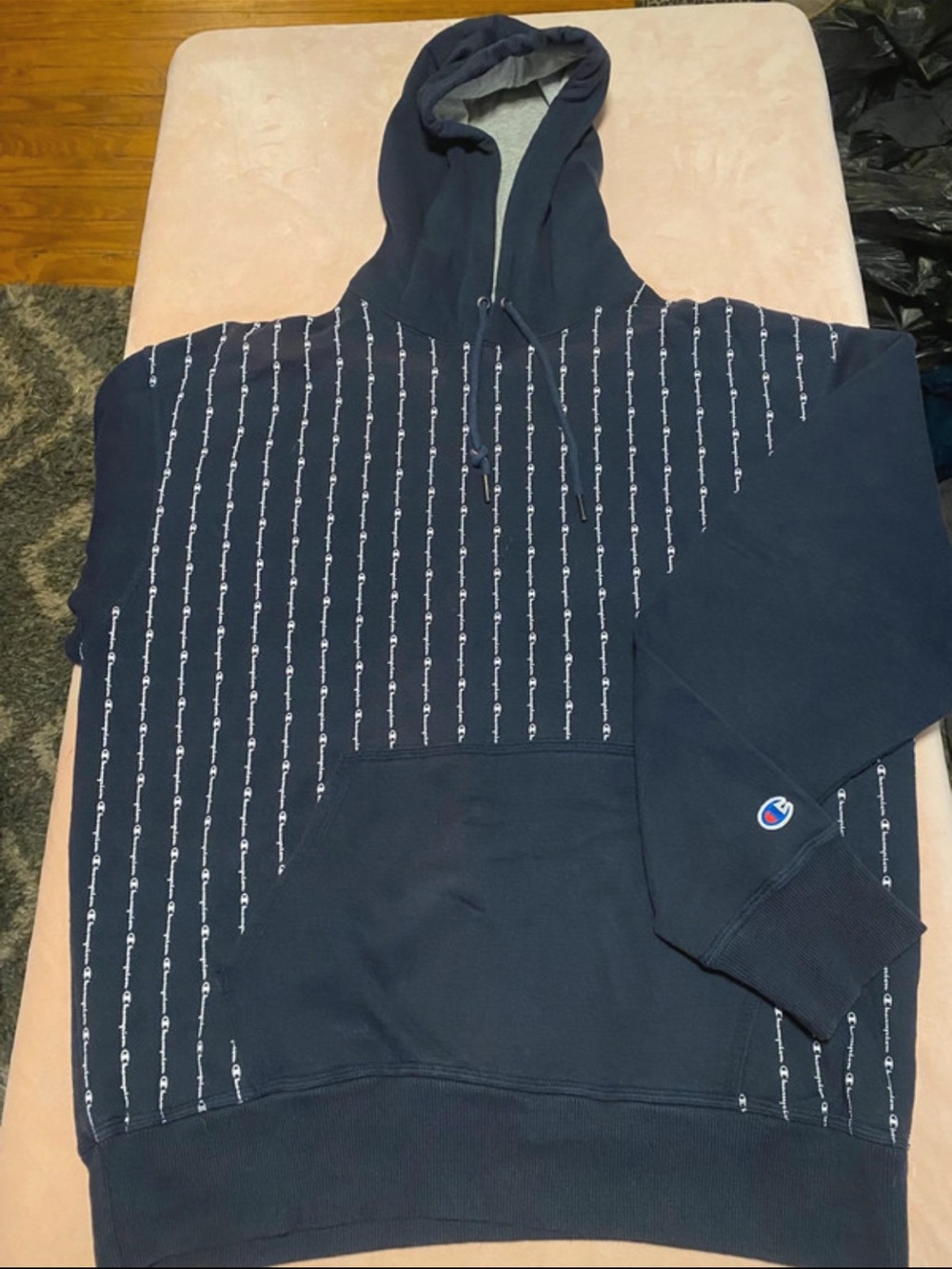Champion Navy Hoodie with White Script Stripe